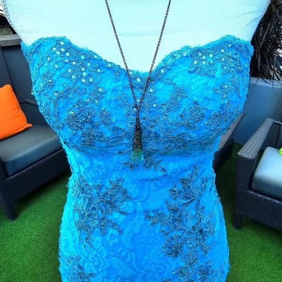 Mari Lee Strapless Lace Gown ✦ Ocean Blue Crystal Beaded Floor‑Length Prom Dress - Picture 10 of 17